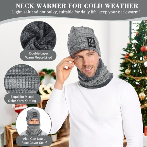 🆕 Men Grey Fleece Lined Winter Cap Beanie Scarf Set Knit Neck Warmer Nice Hat - Picture 3 of 5